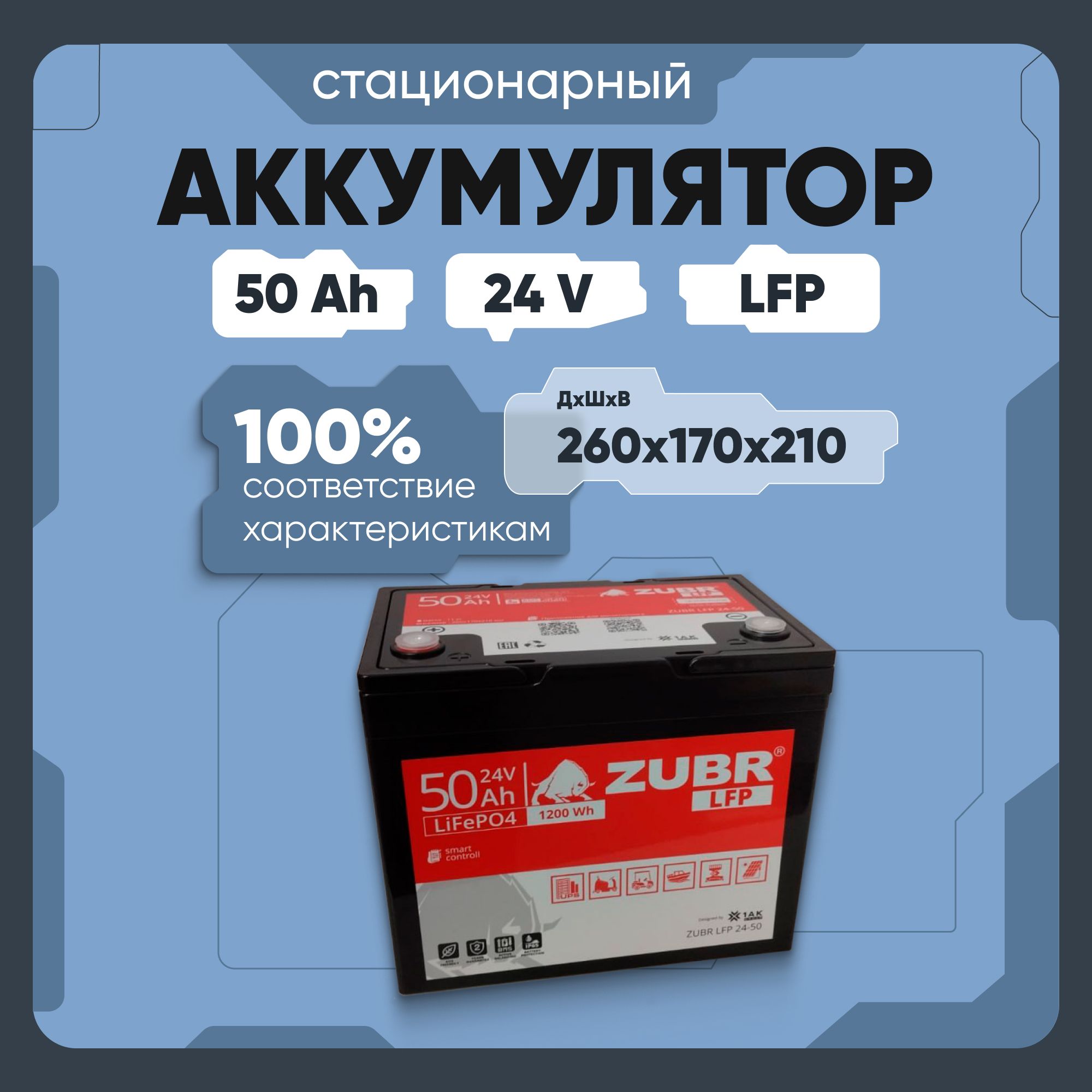 Аккумулятор LiFePO4 для ибп ZUBR 24v 50 Ah акб на лодочные моторы, эхолоты