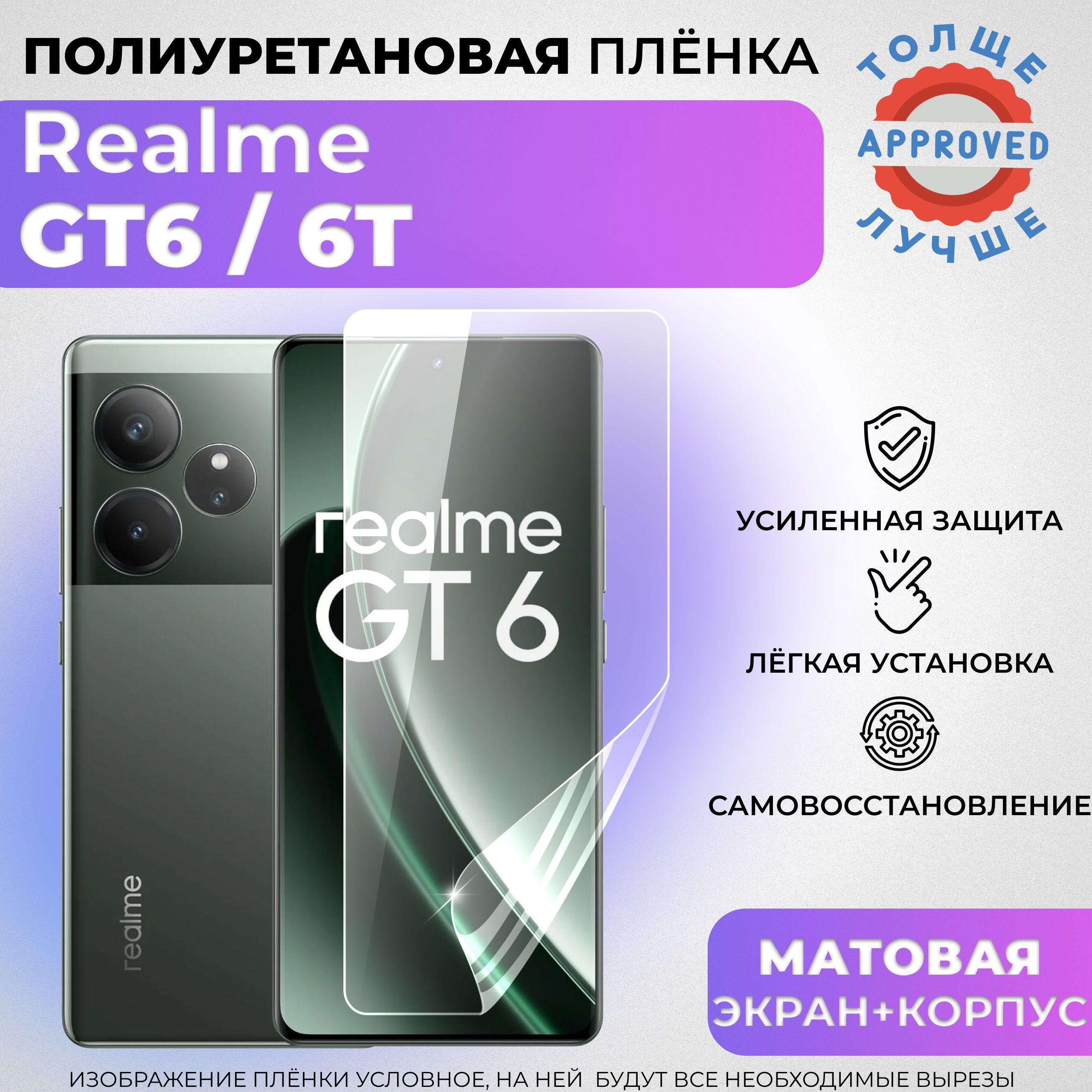 ПолиуретановыеутолщённыезащитныеМАТОВЫЕплёнкидляrealmeGT6,6T,Neo6,Neo6SE(комплект1штнаЭКРАНи1штнаЗАДНЮЮКРЫШКУ)