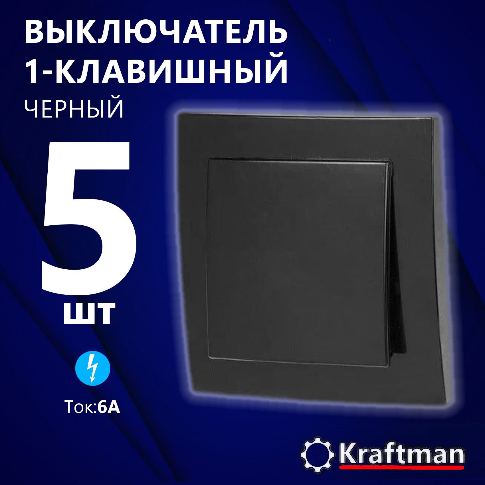 Выключатель одноклавишный, VS 16-131-Ч, скрытой установки, 250В, 6А, IP20, черный, 5 шт