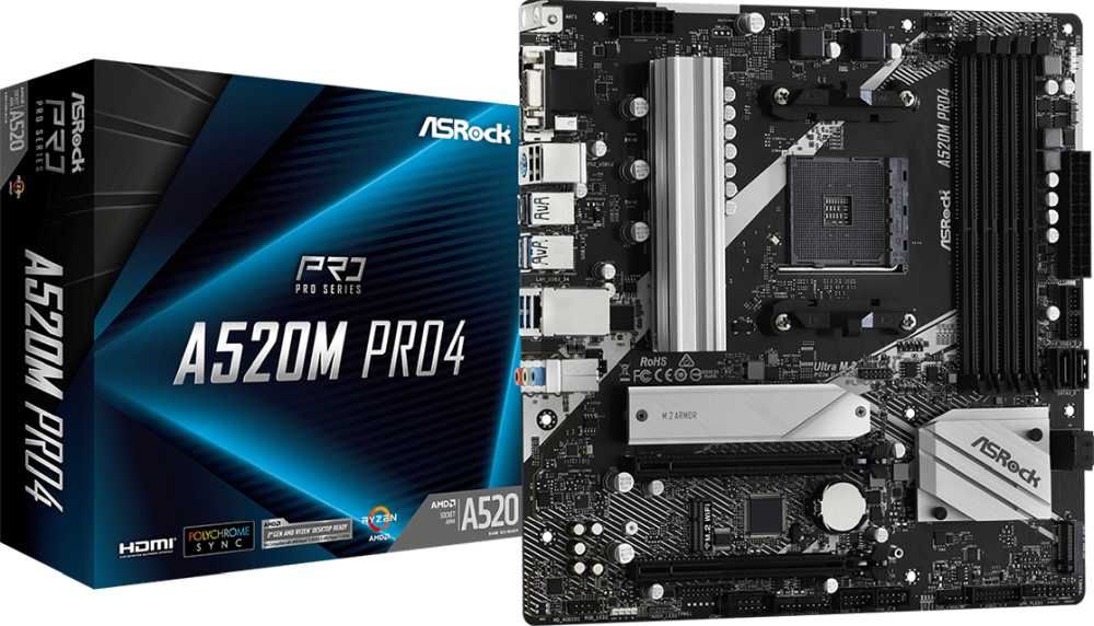 Материнская плата Asrock A520M PRO4, Soc-AM4, AMD A520, mATX