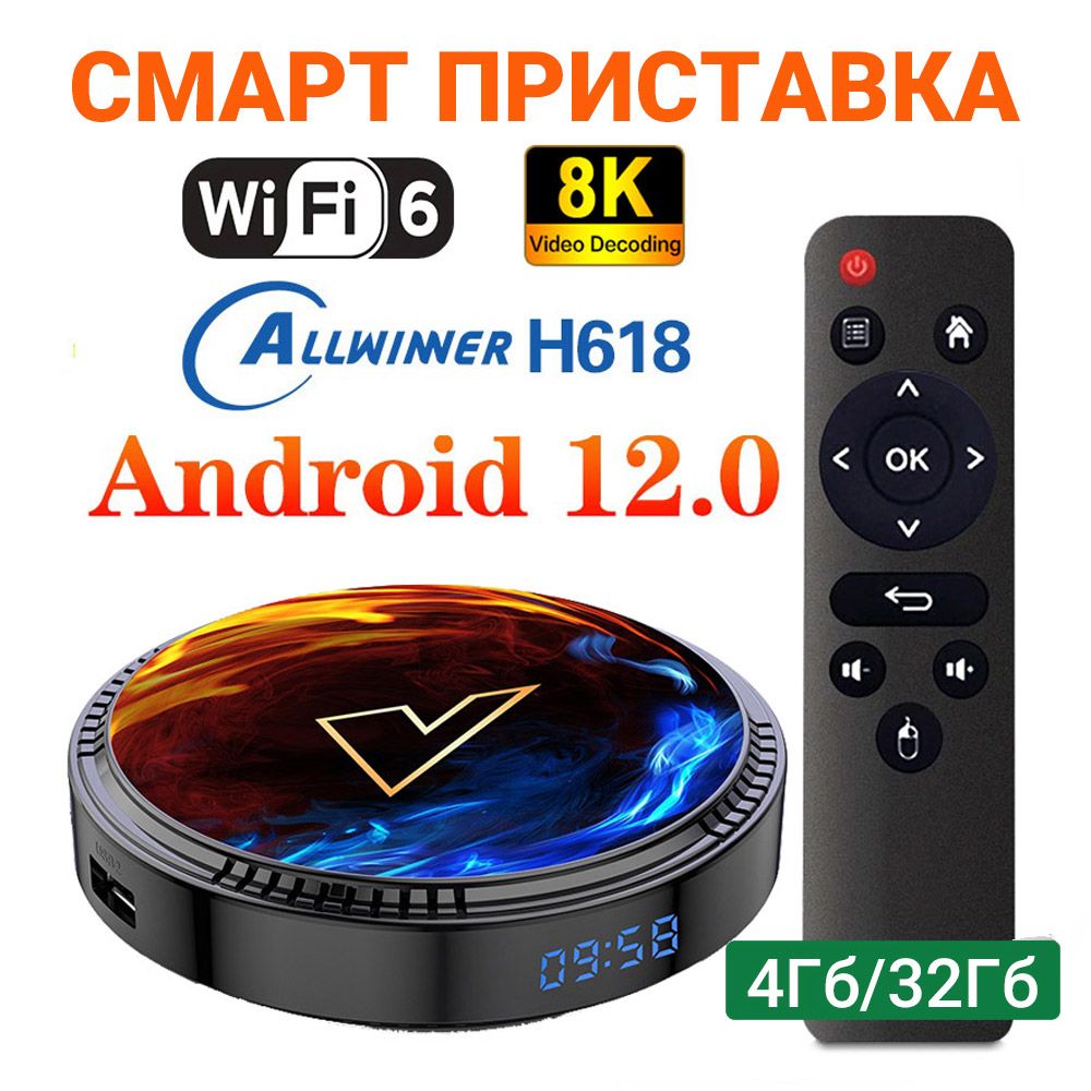 СмартТВПриставкаVONTARH1Андроид12.0AllwinnerH618Поддержка8KВидеоBT5.0Wifi64/32ГБМедиаплеер