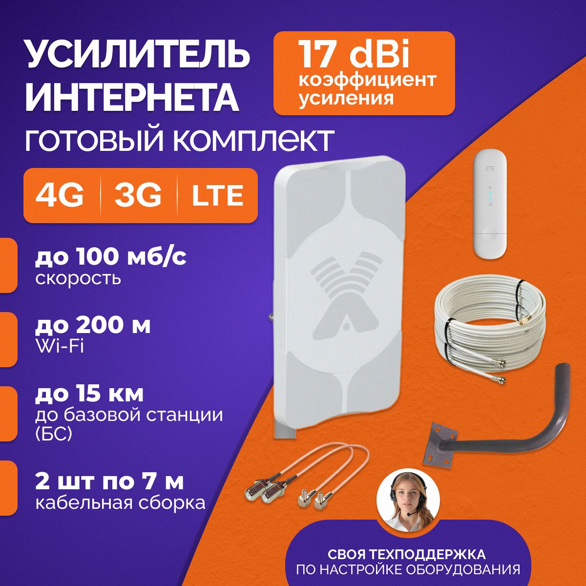 Усилитель сотовой связи и интернета. Антенна 4g Antex Agata BB mimo 17dBi, модем 4g wifi. Готовый комплект для интернета +кабеля и кронштейн