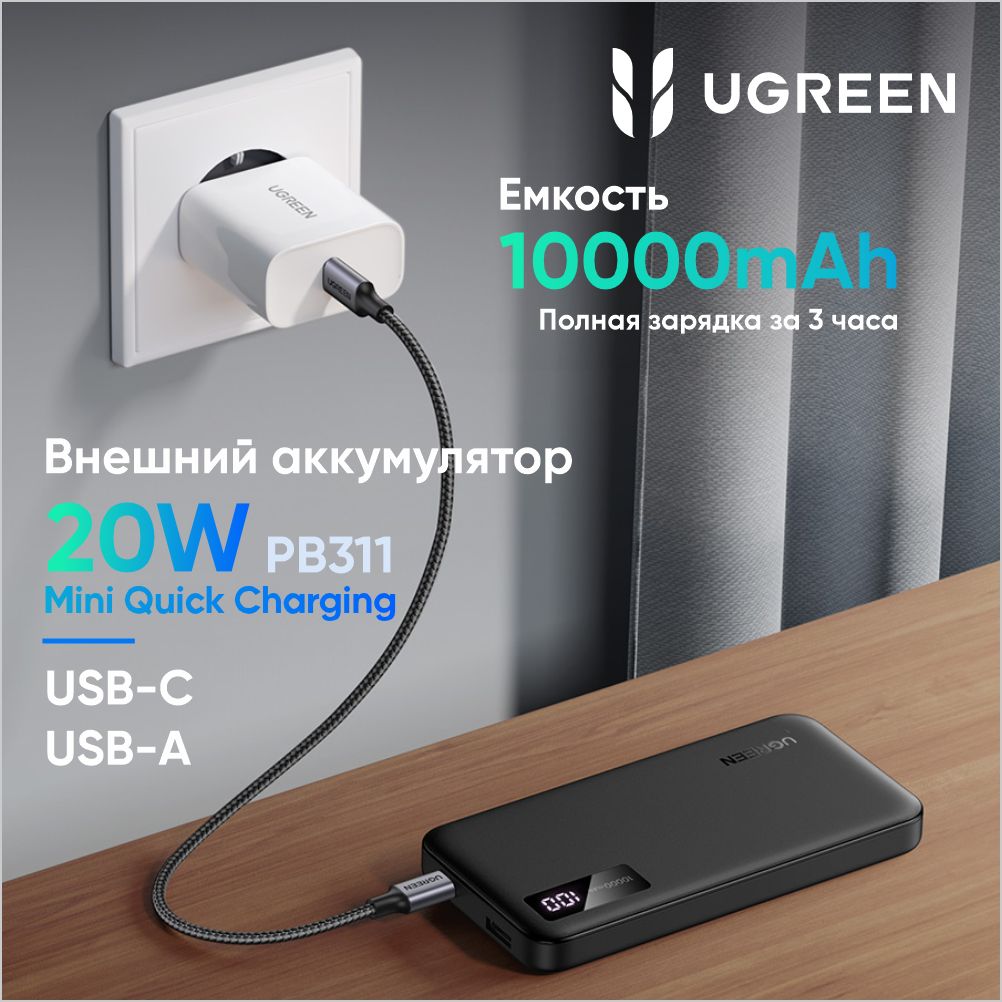 ВнешнийаккумуляторUGREENPB311(25742)10000mAhMiniQuickCharging20WPowerBank.Цвет:черный