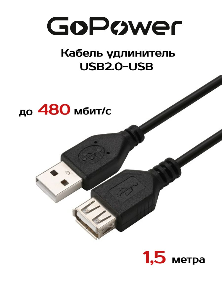 КабельудлинительUSB2.0-USB1.5мПВХGoPower