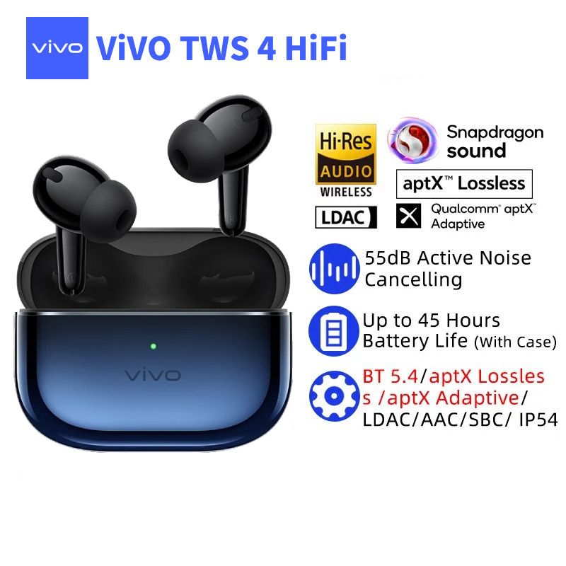 VivoНаушникибеспроводныесмикрофономVivoTWS4Hi-Fi,Bluetooth,USBType-C,синий