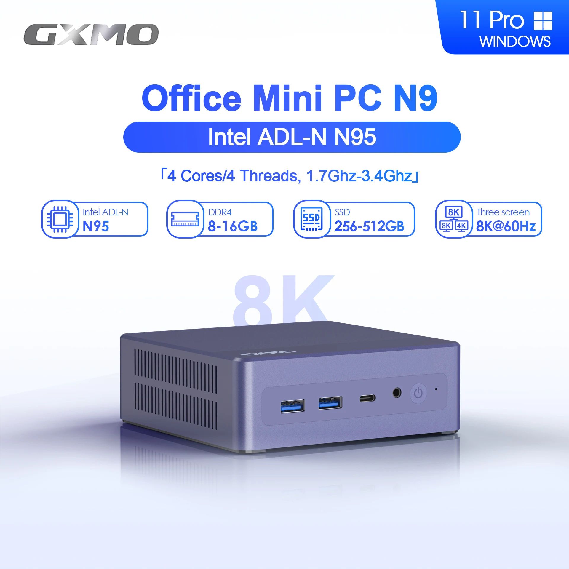 GXMO Мини-ПК N9 (Intel N95, RAM 8 ГБ, SSD 256 ГБ, Intel UHD Graphics, Windows 11 Pro), светло-серый