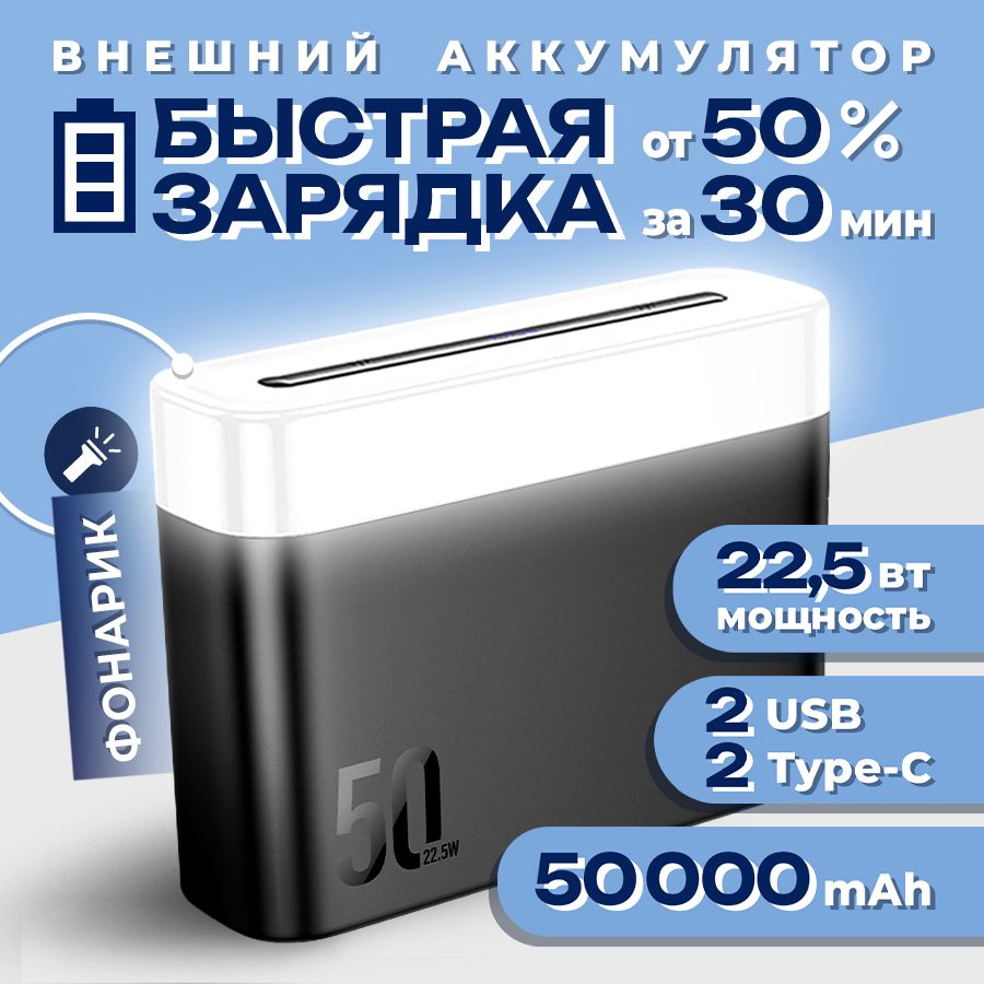 Быстраязарядка22,5W.Внешнийаккумуляторповербанк(powerbank)HOCOJ94A2*Type-C,2*USB.50000mAh.20Wчерный