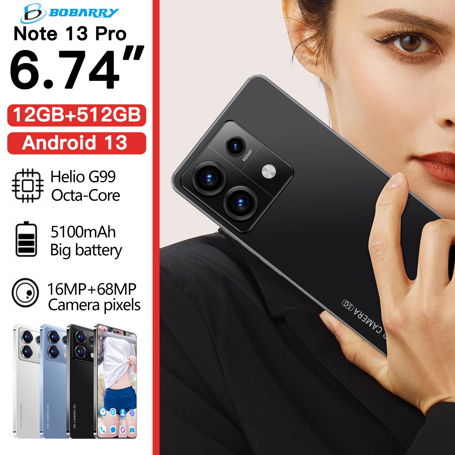 BobarryСмартфонNote13PRO5G+4GLTE(12/512ГБ)6,74"HD68Мп+16МП-совершенноновыйультратонкийумныймобильныйтелефон.EU12/512ГБ,черный