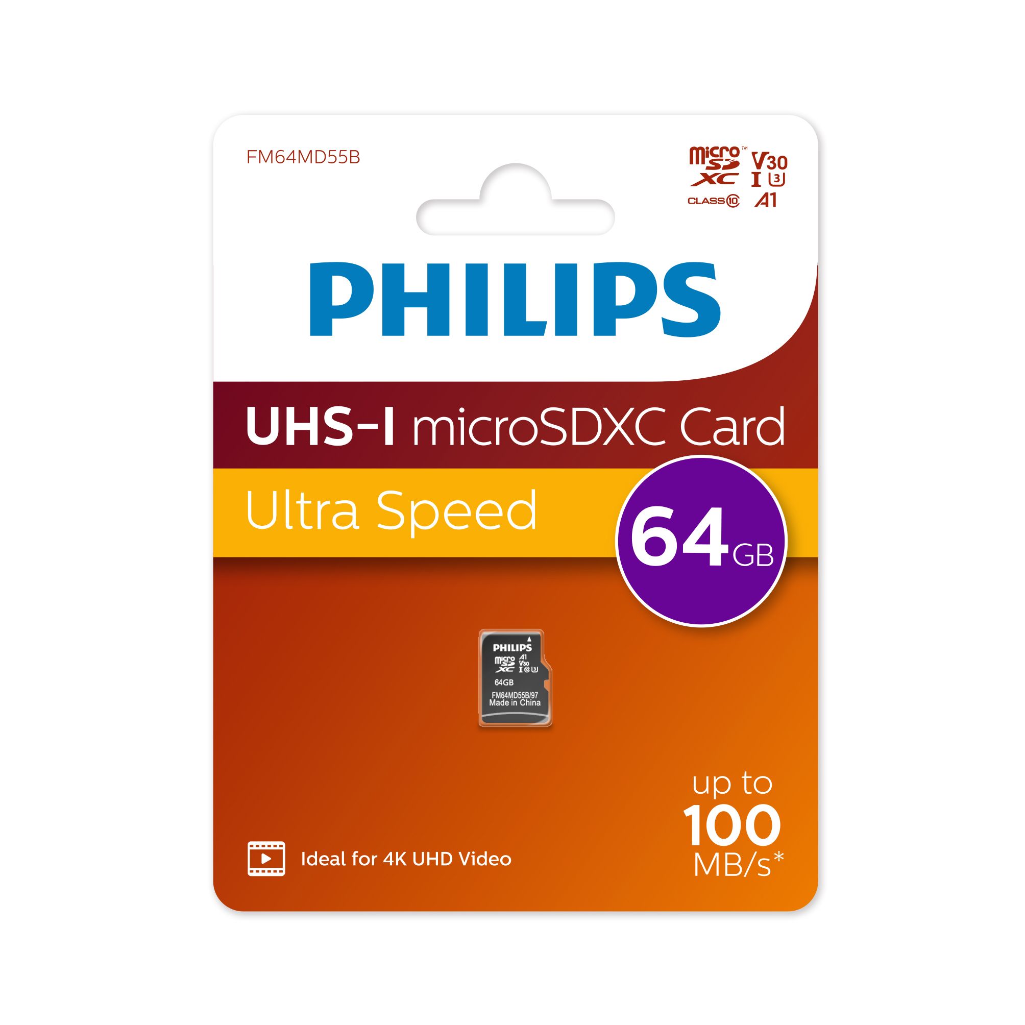 ФлешкартаmicroSD64GBPHILIPSHighSpeedmicroSDHCClassUHS-IU3,V30,A1,100MB/s