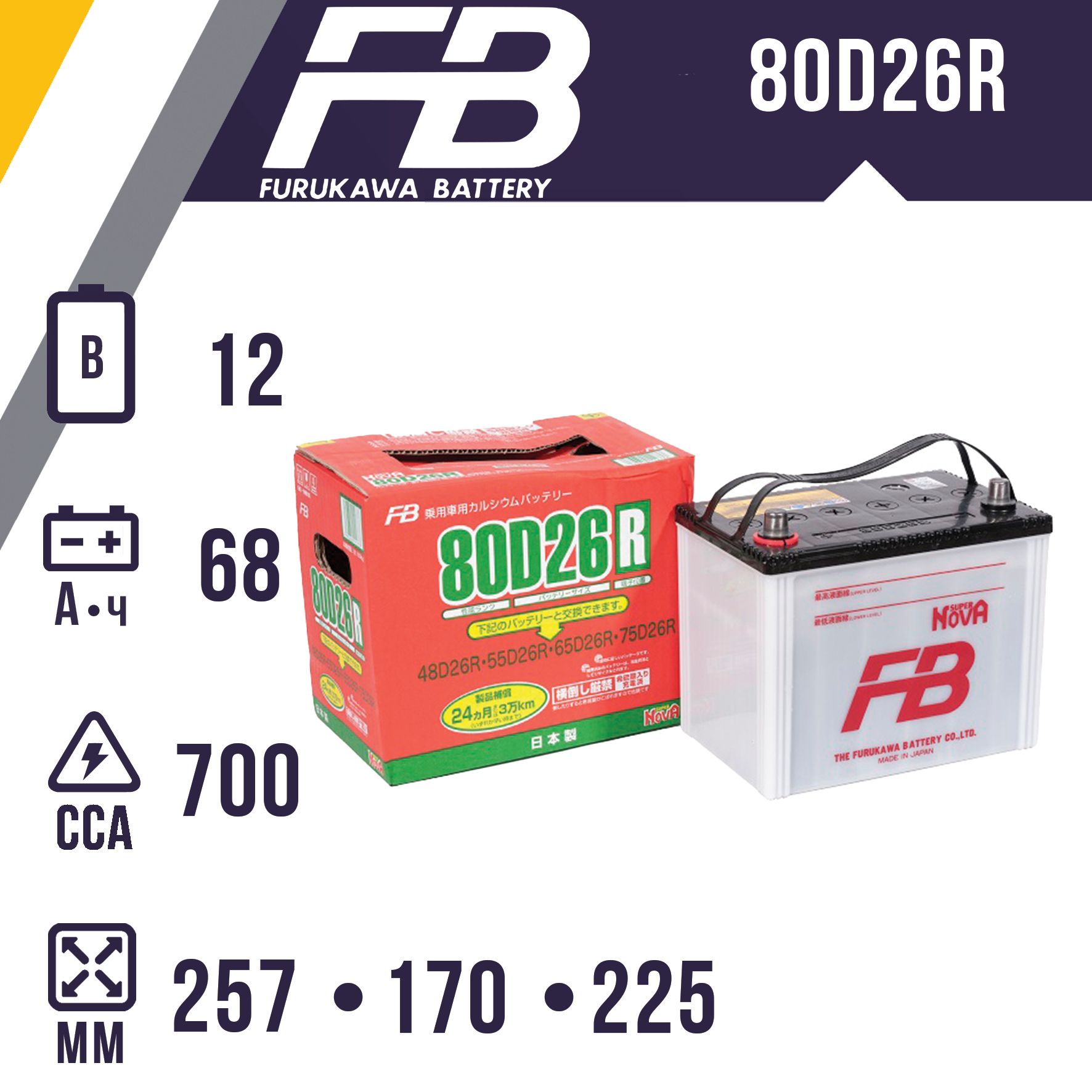 Аккумулятор автомобильный FURUKAWA BATTERY SUPER NOVA 80D26R пр.полярность 68Ач