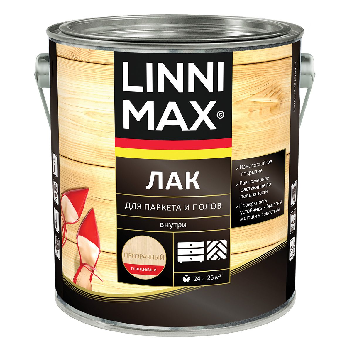 Лак для паркета и полов Linnimax, алкидно-полиуретановый, глянцевый, 2,5 л