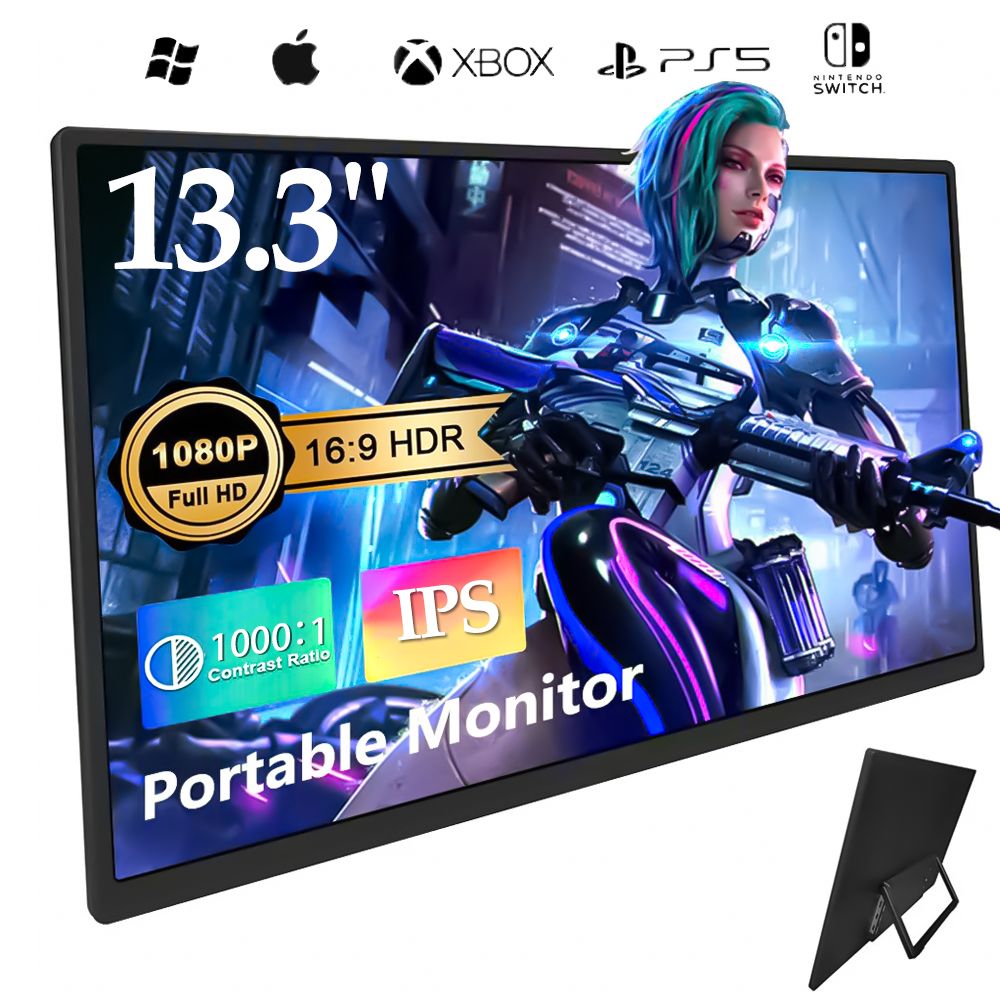 13.3"МониторПортативныймонитор13.3-дюймовыйFullHD1080Pобновления60Гц,игровойтонкийIPSдисплей,HDRPlugandPlay,внешнееустройствоMacXboxPS5/PS4Switch,черный