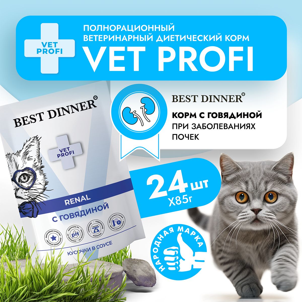 Влажный диетический корм для кошек Best Dinner VET PROFI Renal кусочки в соусе Говядина , 85 г х 24 шт при заболевании почек, пауч (Бест Диннер)