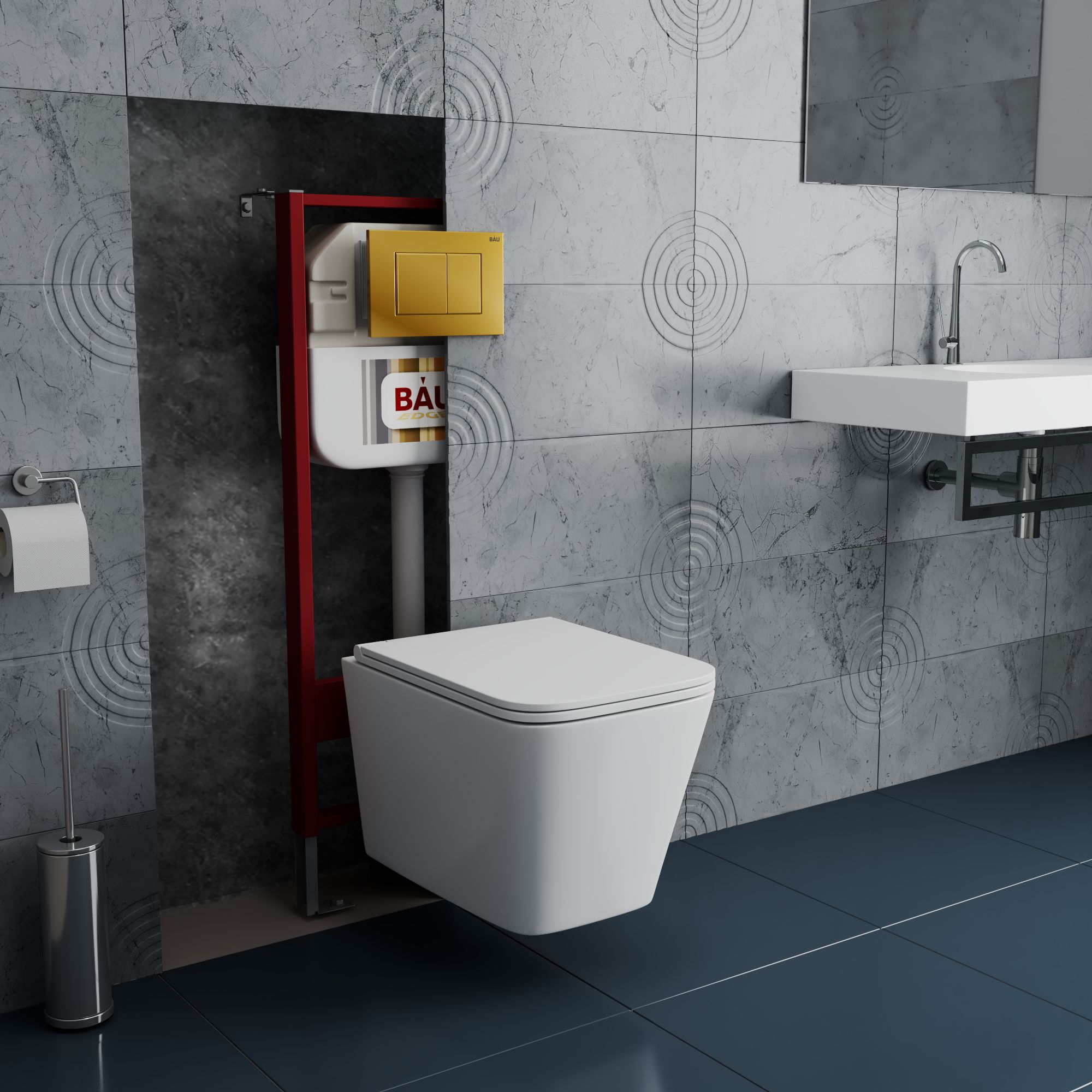 Комплект BAU 6 в 1: рамная инсталляция BAU NEO 45, унитаз подвесной безободковый с вихревым смывом, OWL 1975 Hurricane3, сиденье дюропласт микролифт, кнопка смыва BAU Stil, золото