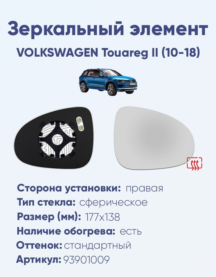 Зеркальный элемент правый VOLKSWAGEN Touareg II (10-18) сфера нейтральный с обогревом