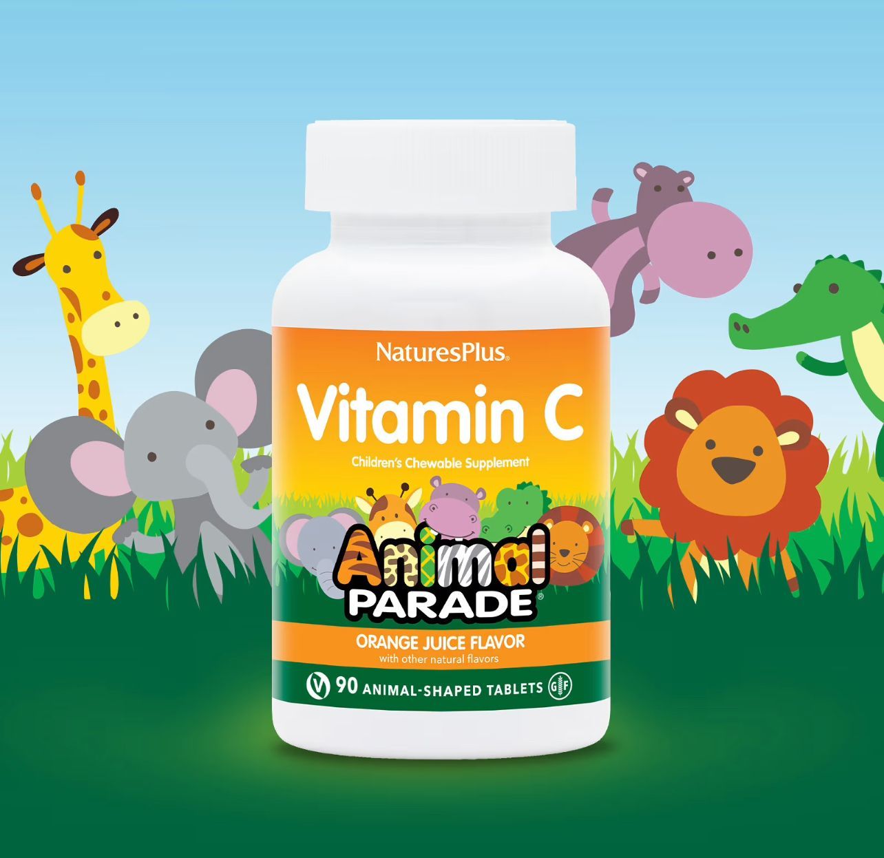 Детский Витамин С 90 жевательных таблеток со вкусом апельсинового сока, Animal Parade Vitamin C Nature's Plus, Укрепляет иммунитет