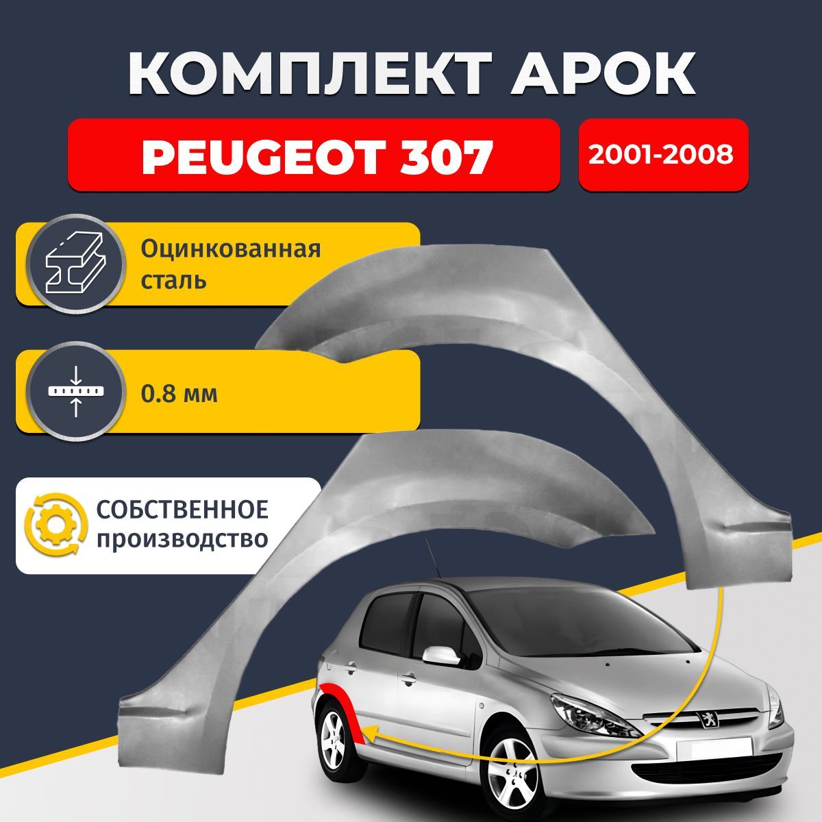 Комплект задних ремонтных арок для автомобиля (2 шт.), Peugeot 307 2001-2008 хэтчбек 5 дверей (Пежо 307). Оцинкованная сталь 0,8 мм.