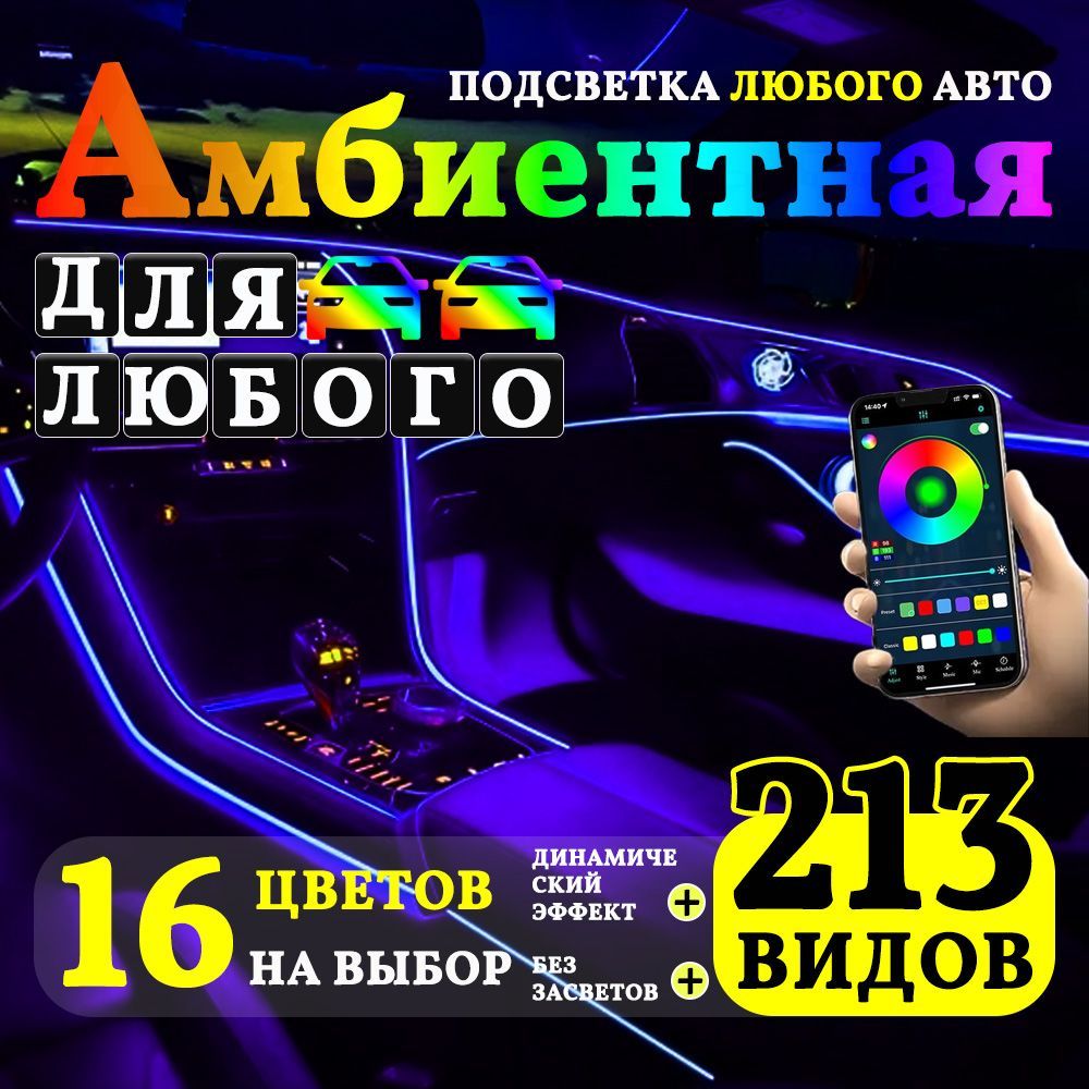 AUTOEASE Подсветка салона автомобиля, Ambient Light RGB, светодиодная, контурная, универсальная с динамическим режимом с управлением через телефон, подсветка в салон автомобиля, 22 в 1