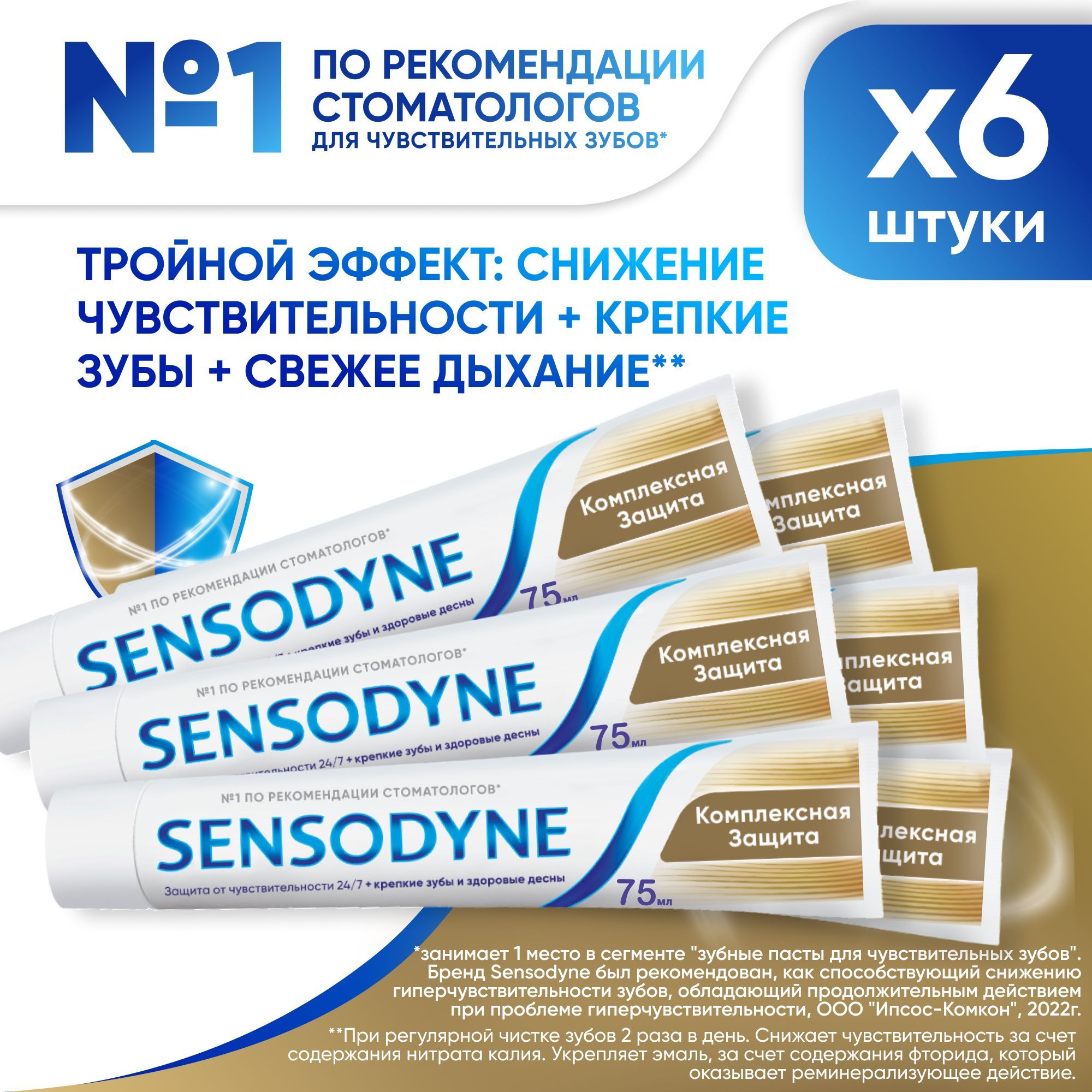 Зубная паста Sensodyne Комплексная Защита для чувствительных зубов с фтором, для защиты от кариеса, образования зубного налета и чувствительности зубов, освежающий мятный вкус, 75 мл, 6 шт