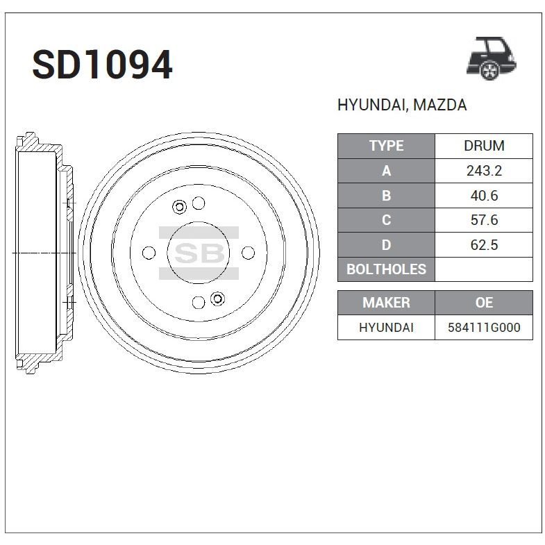 Барабан тормозной Hyundai Accent/i20, KIA Rio 1.2-1.6/1.5CRDi 05 SD1094 HI-Q SD1094