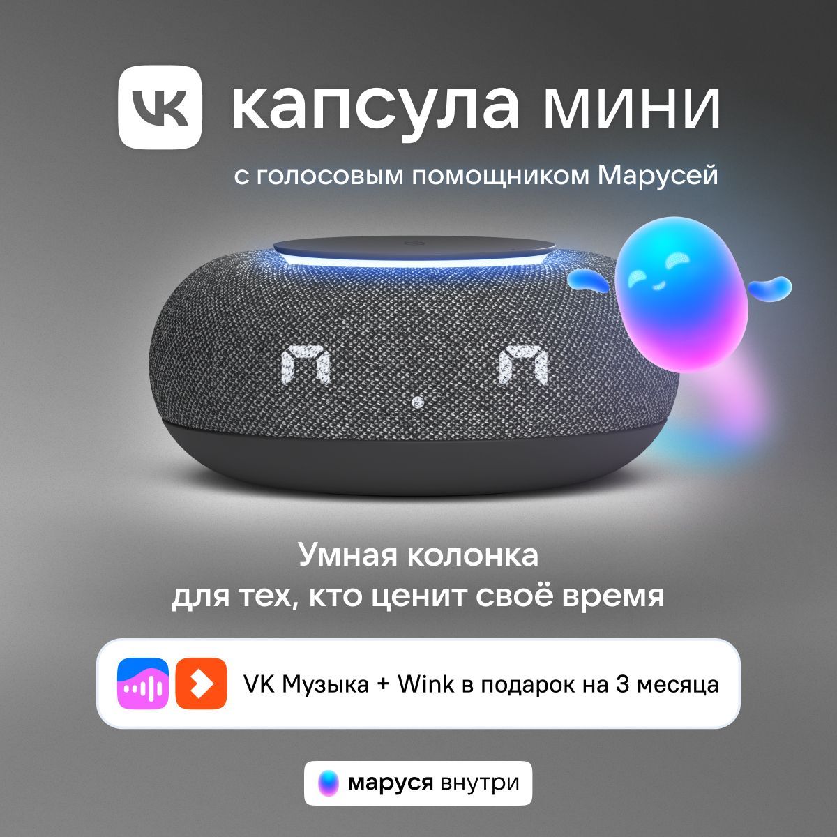 УмнаяколонкаVKКапсулаМинисголосовымпомощникомМарусей,MRC02,Тёмносерая,3месяцаподпискиVK+Winkвподарок