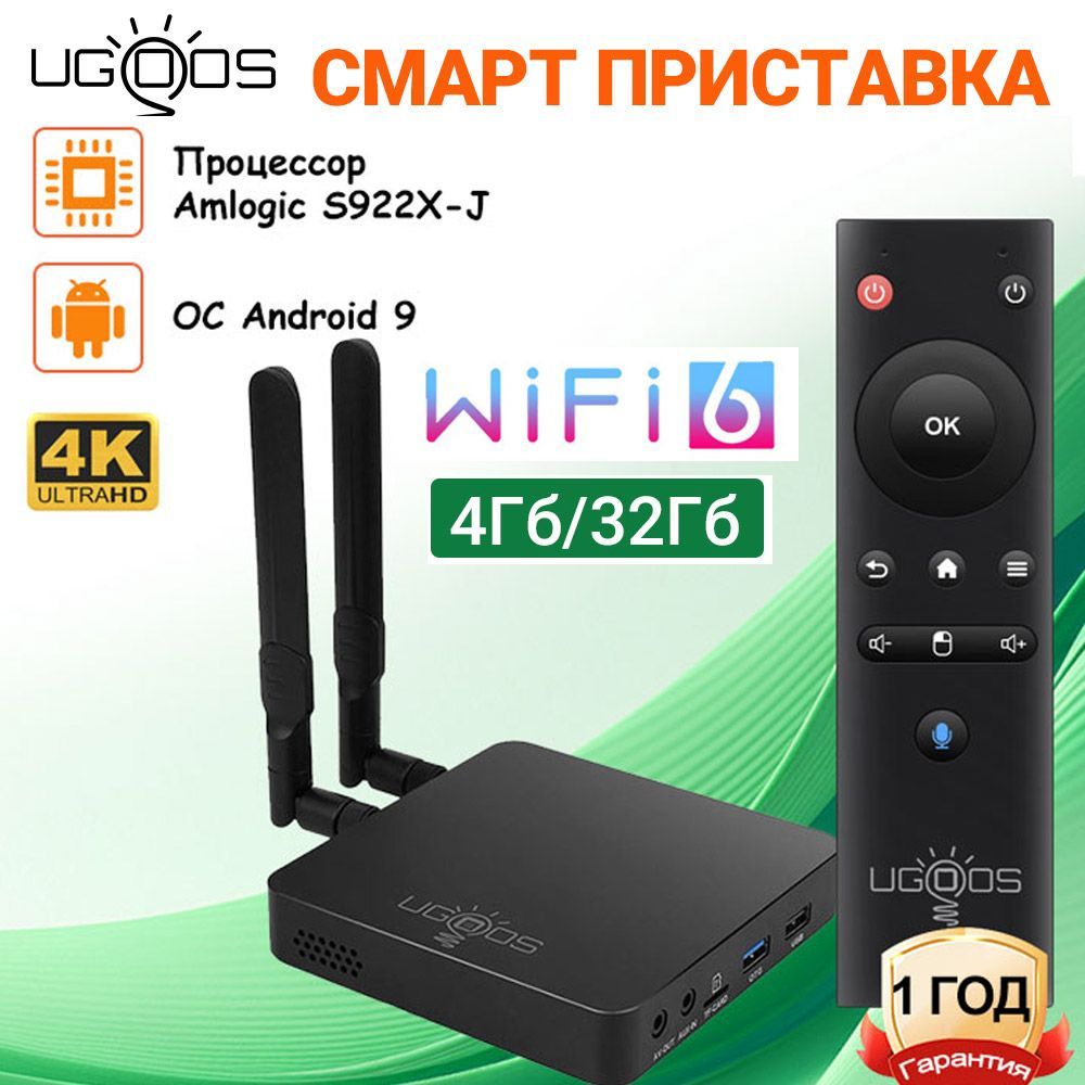 СмартТВприставкаUgoosAM6BPlusAmlogicS922X-J4KТВБоксАндроид9.04Гб/32ГбWiFi-6cBluetoothпультом