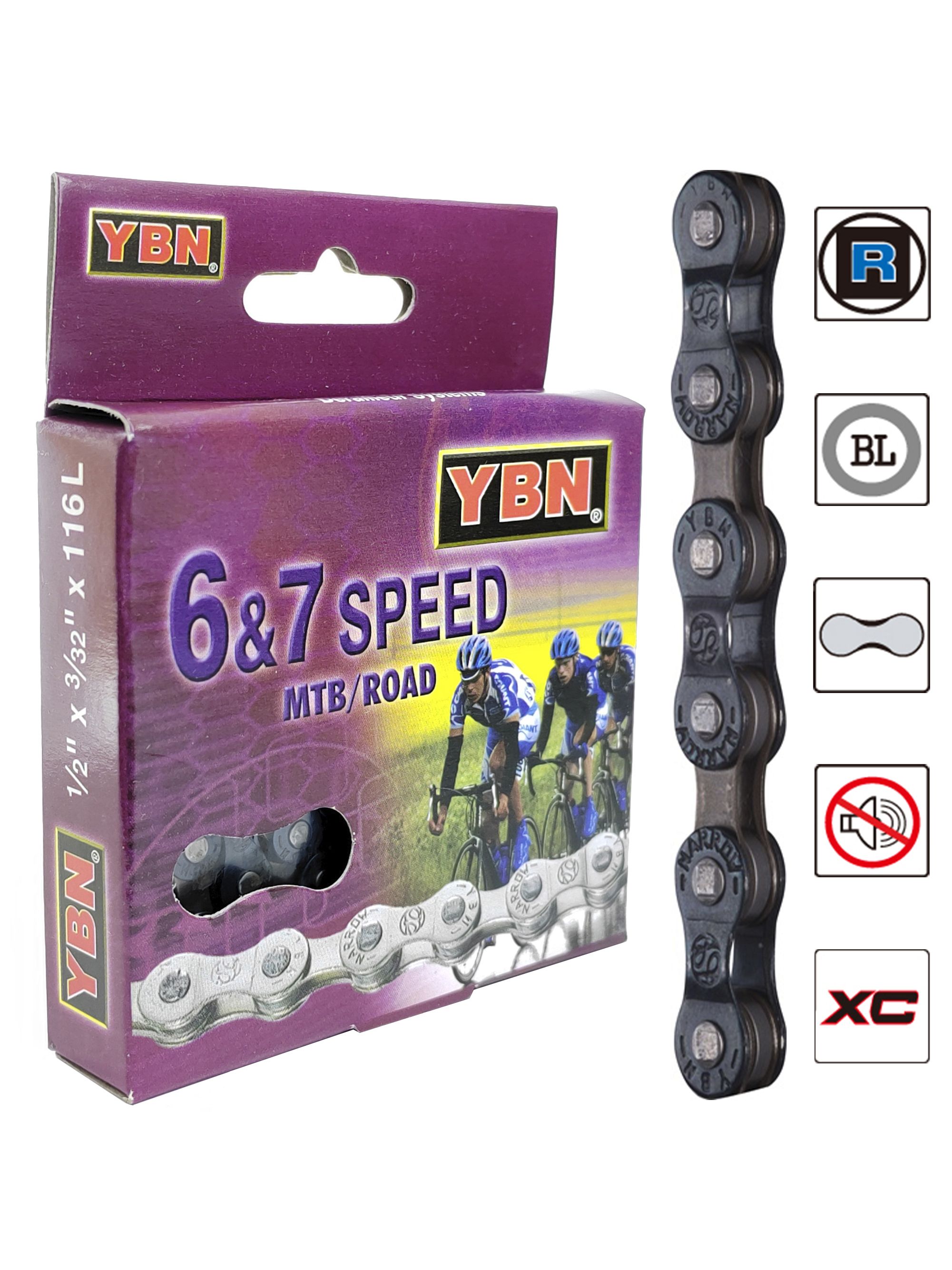 YBN Цепь для велосипеда S50, 1/2"x3/32", 116 звеньев, 6/7 скоростей, соединение пин — Товары для велоспорта — фото 4