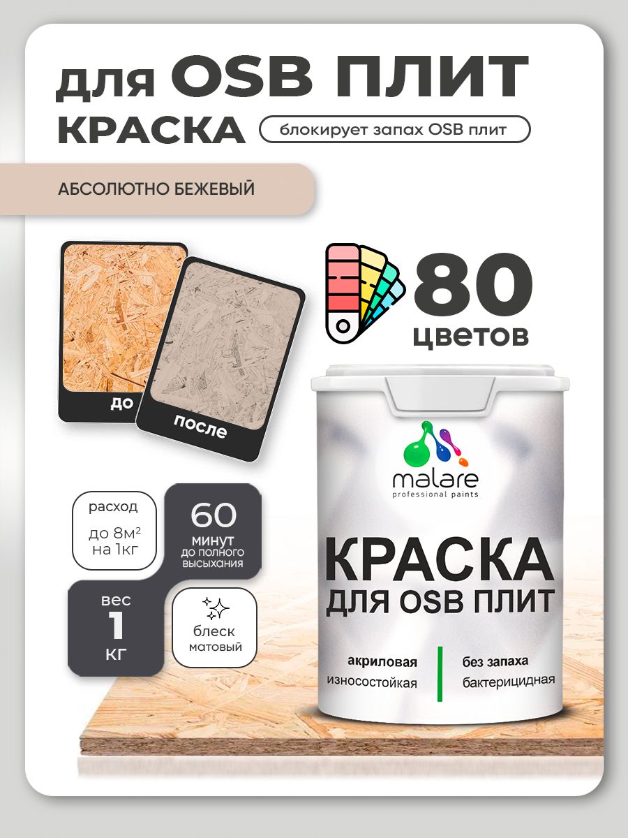 Акриловая краска для ОСБ плит Malare для дерева для наружных и внутренних работ, быстросохнущая без запаха матовая, абсолютный бежевый, 1 кг