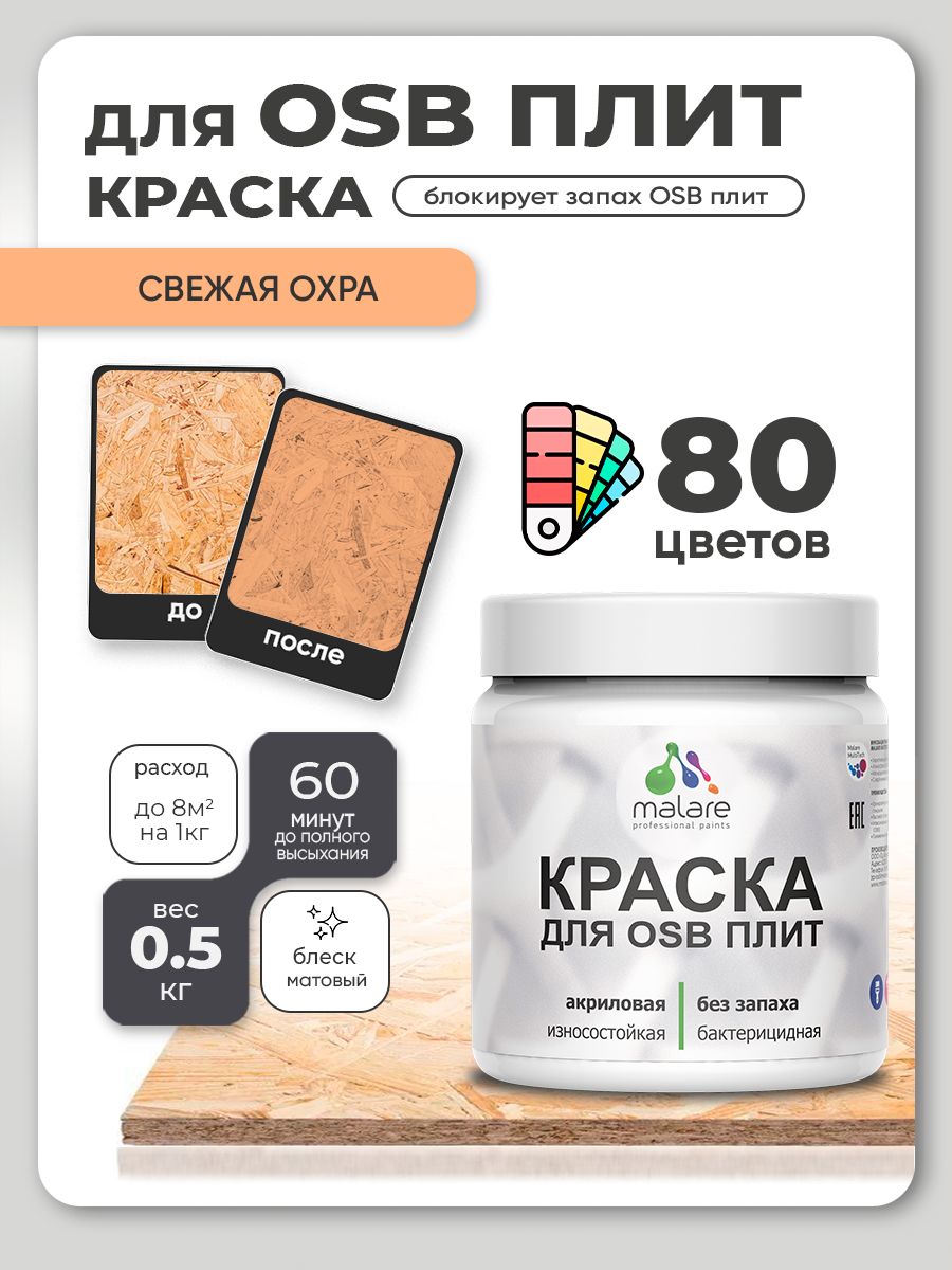 Акриловая краска для ОСБ плит Malare для дерева для наружных и внутренних работ, быстросохнущая без запаха матовая, свежая охра, 0.5 кг