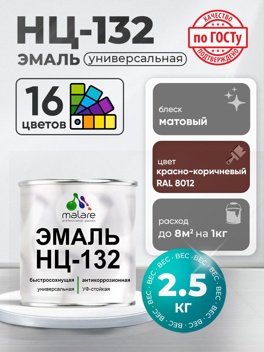 Эмаль Malare НЦ-132 краска для металла по дереву для минеральных поверхностей для внутренних и наружных работ антикоррозионная быстросохнущая RAL 8012, красно-коричневый, матовая, 2,5 кг