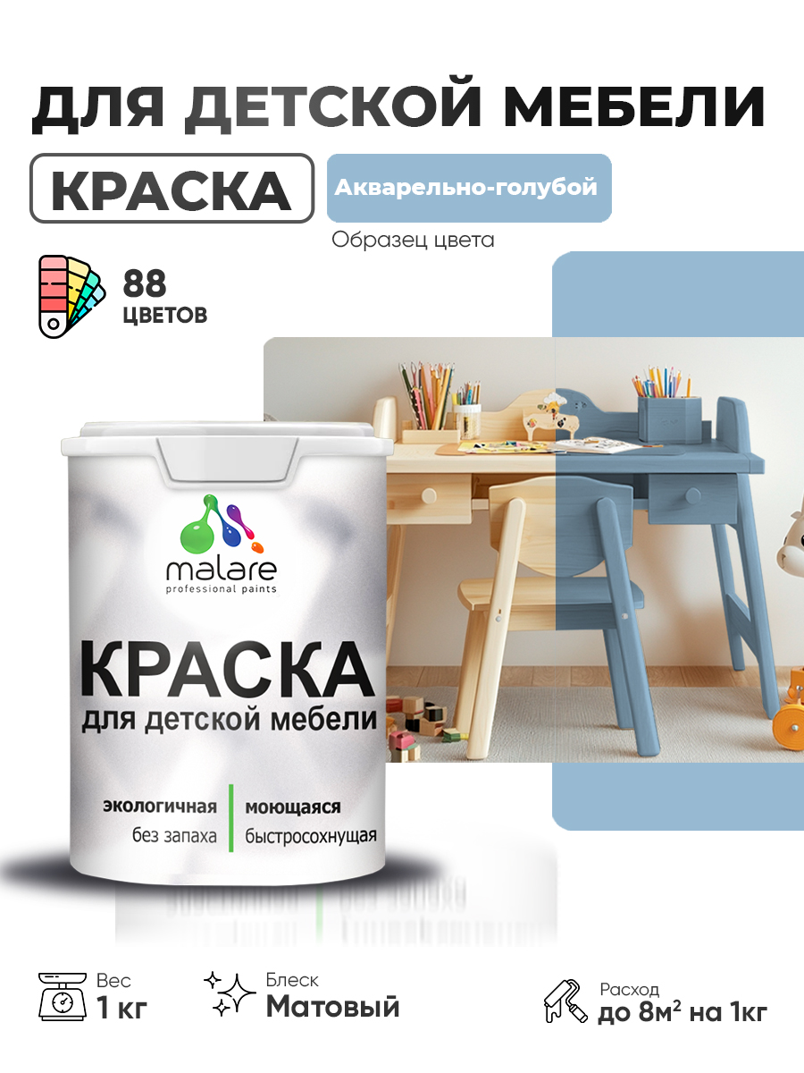 Акриловая краска Malare для детской мебели, мебели из дерева, моющаяся, быстросохнущая без запаха матовая, акварельно-голубой, 1 кг.