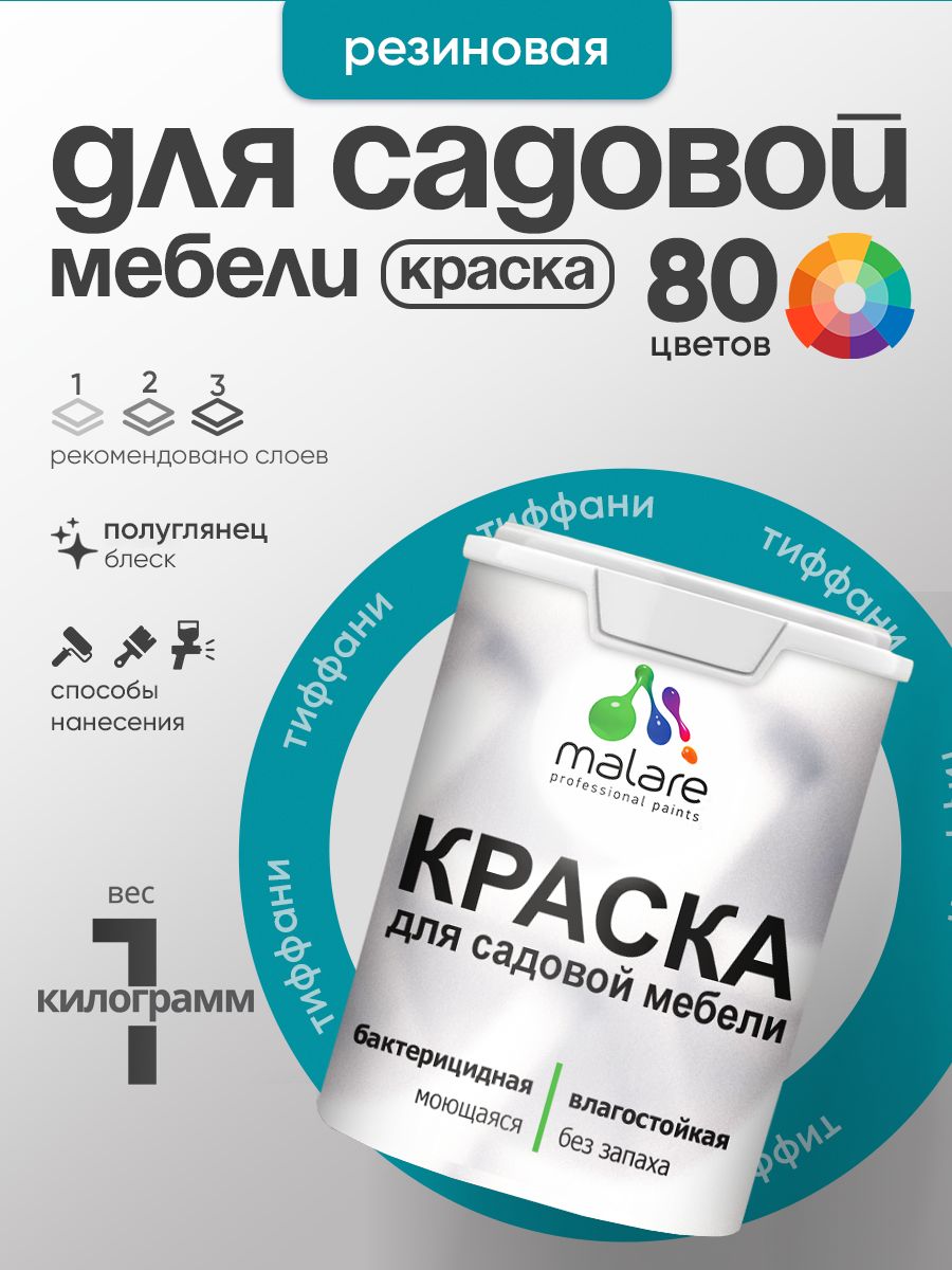 Резиновая краска Malare для садовой мебели/ по дереву, для наружных и внутренних работ/ быстросохнущая моющаяся без запаха полуглянцевая, тиффани, 1 кг