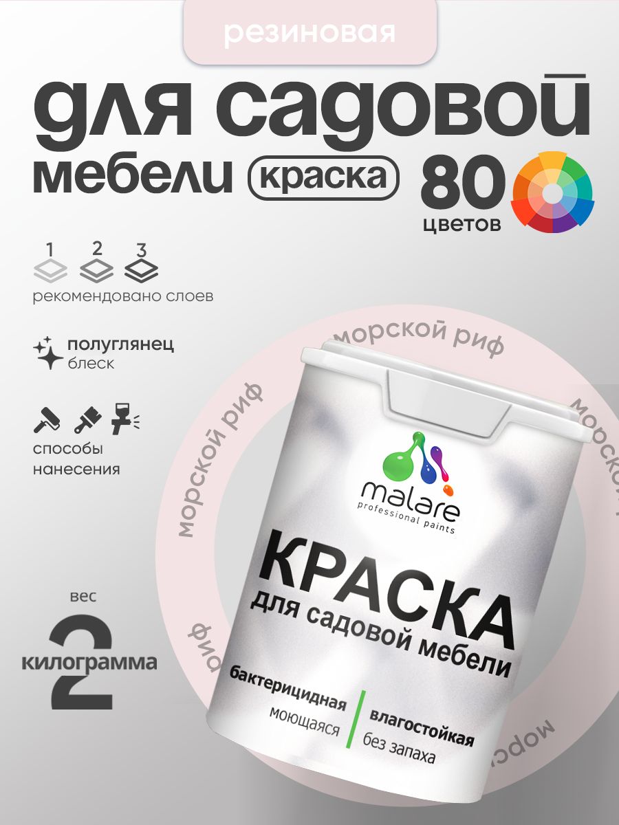 Резиновая краска Malare для садовой мебели/ по дереву, для наружных и внутренних работ/ быстросохнущая моющаяся без запаха полуглянцевая, морской риф, 2 кг