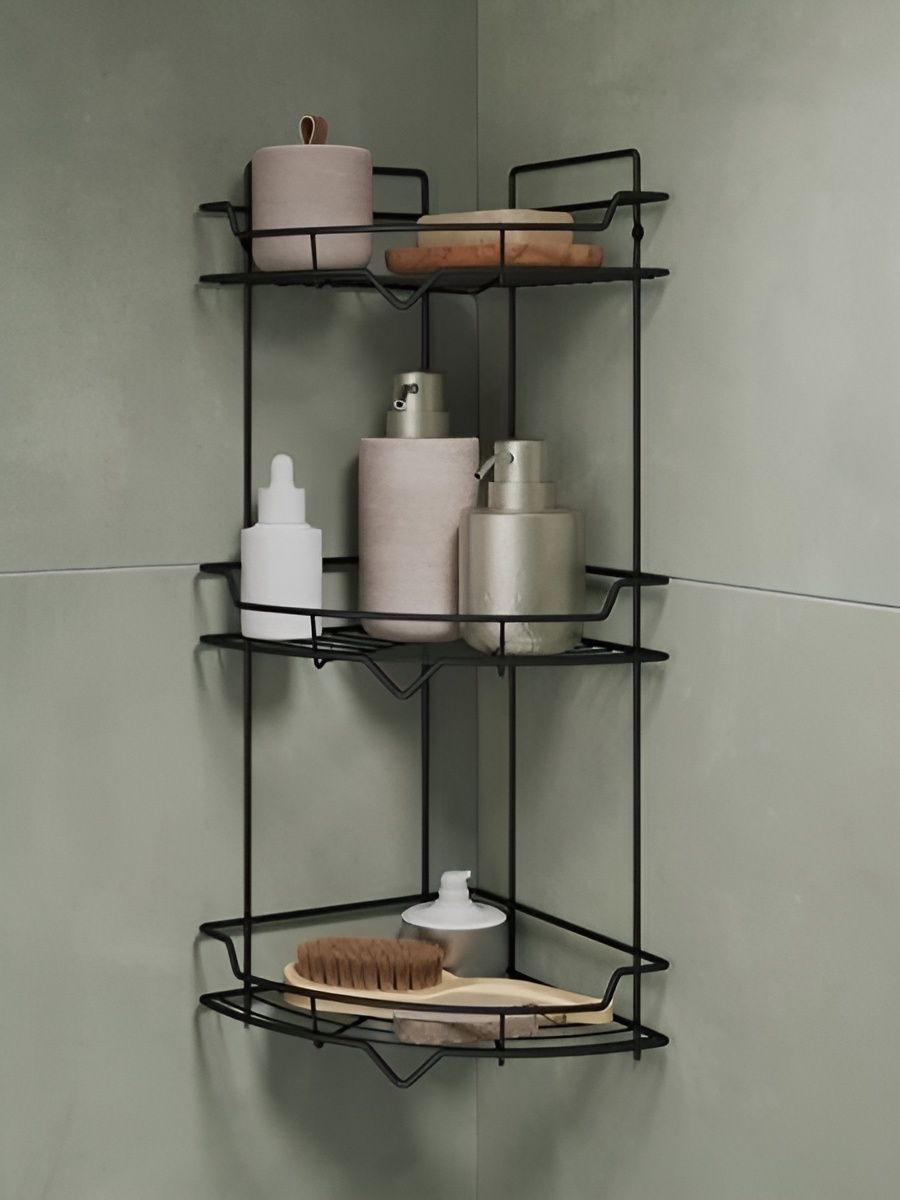 Фото товара на маркетплейсе ozon Полка для ванной настенная, трёхъярусная, угловая, стальная, чёрная, Milardo, Grid, GRICC3BM44