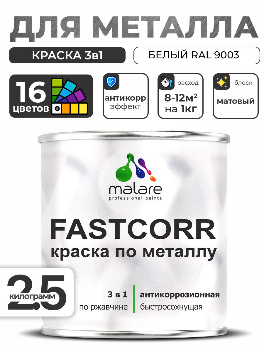 Краска для металла по ржавчине Malare FastCorr, для наружных работ износостойкая, быстросохнущая RAL 9003 белый, матовая, 2,5 кг