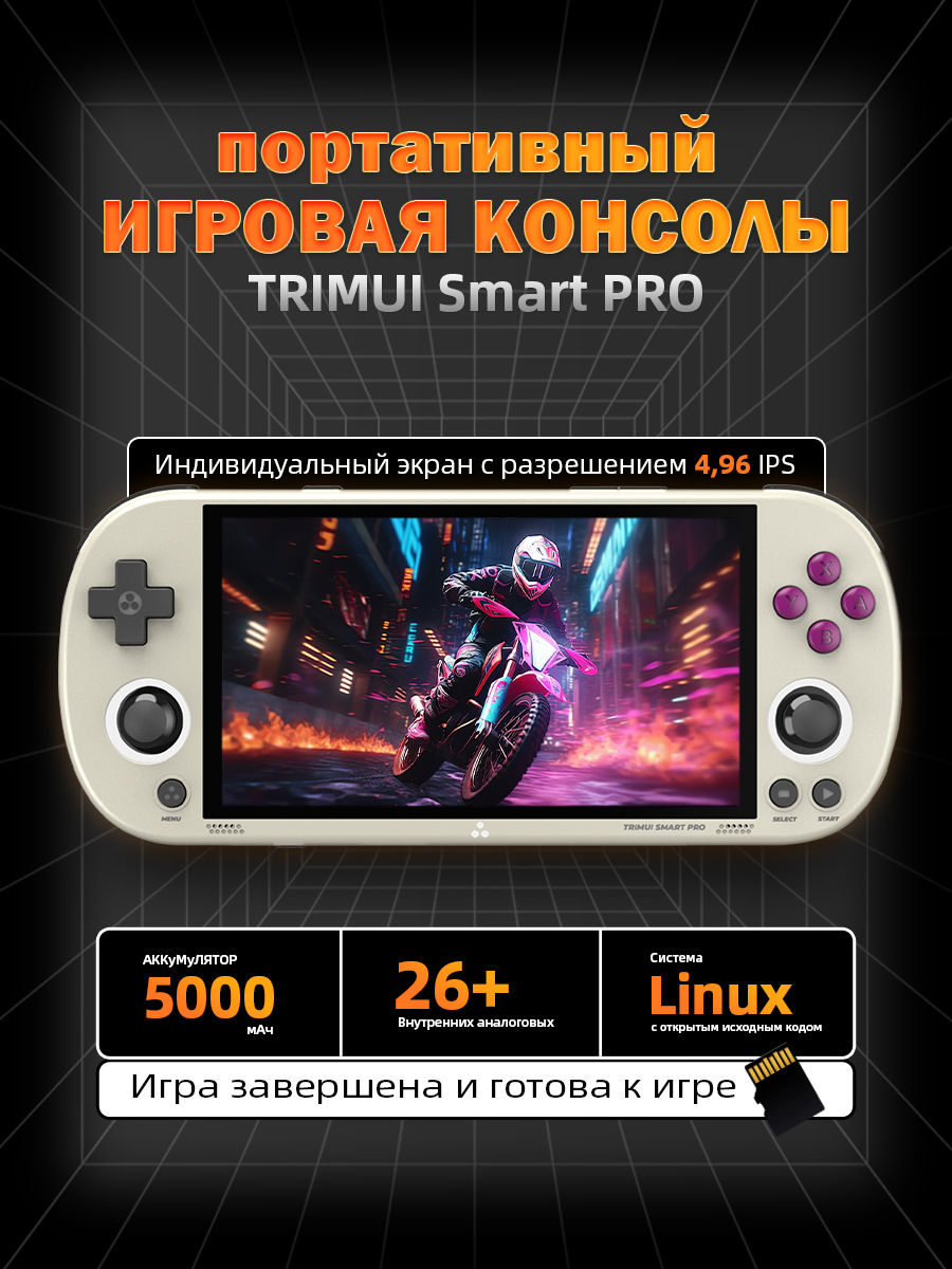 ПортативнаяигроваяконсольTRIMUISmartPro,HDЭкран4,96дюйма,64Гб,серый