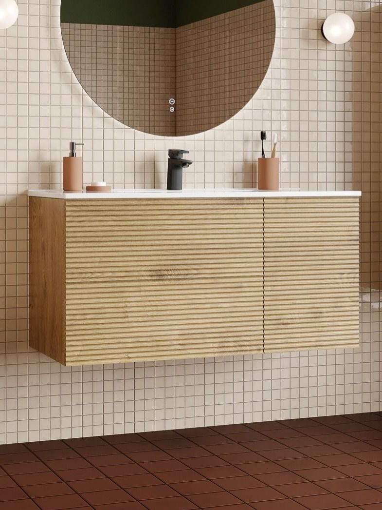 Фото товара на маркетплейсе ozon Тумба для ванной подвесная, с ящиками и полками, 100 см, дуб светлый, IDDIS ,Bild, BIL10V0i95 (подходит раковина 0131000i28)