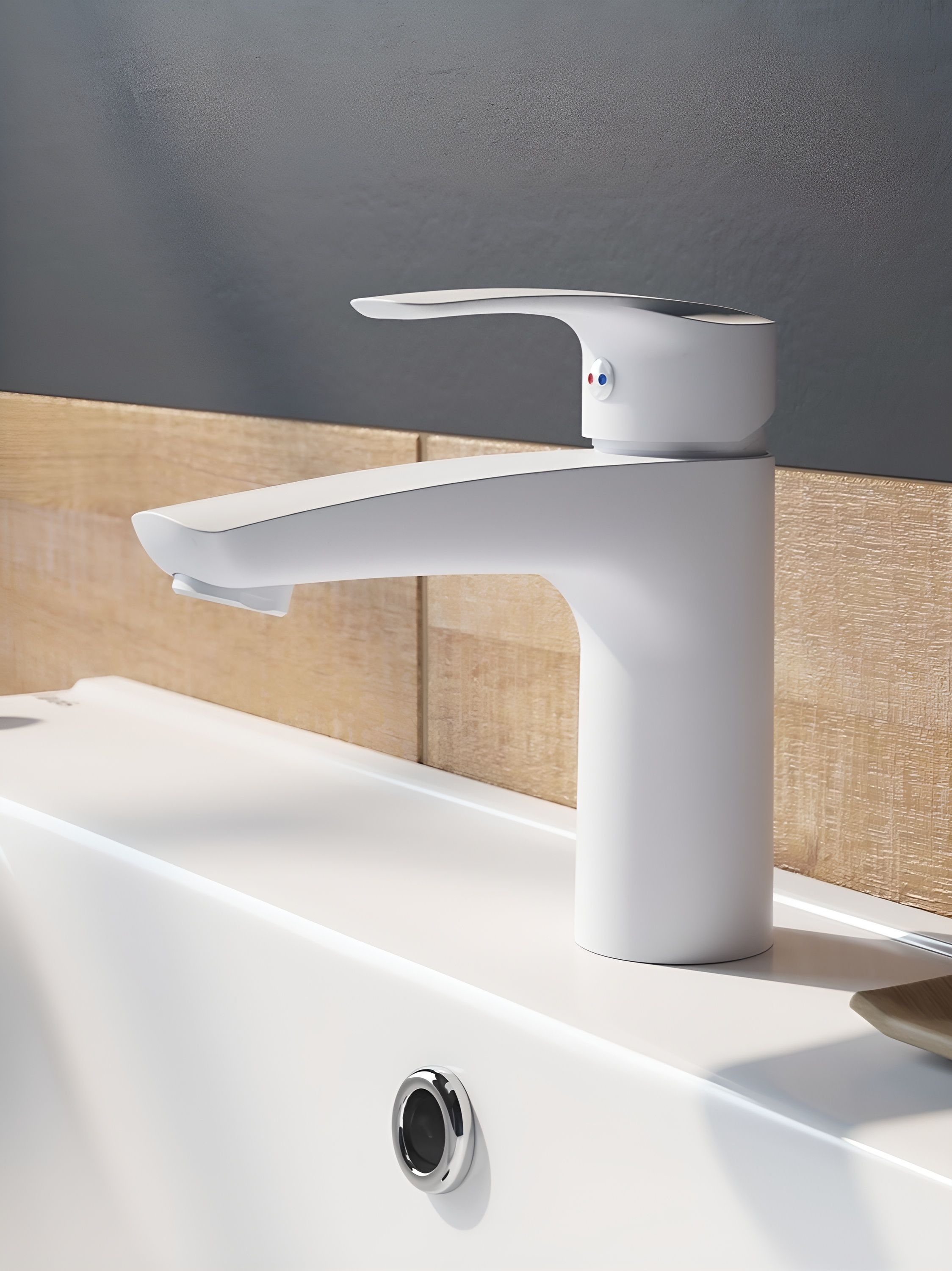 Фото товара на маркетплейсе ozon Смеситель для раковины IDDIS, латунь, белый матовый, Ray, RAYWT00i01