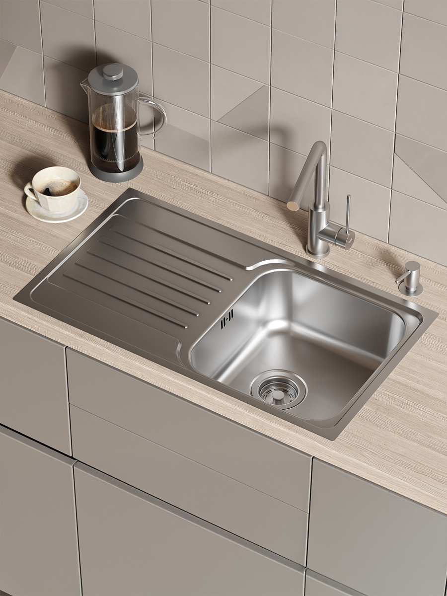 Фото товара на маркетплейсе ozon Мойка для кухни IDDIS с универсальным крылом (справа или слева), нержавеющая сталь, матовая, 780*440*180, Sound, SND78SDi77
