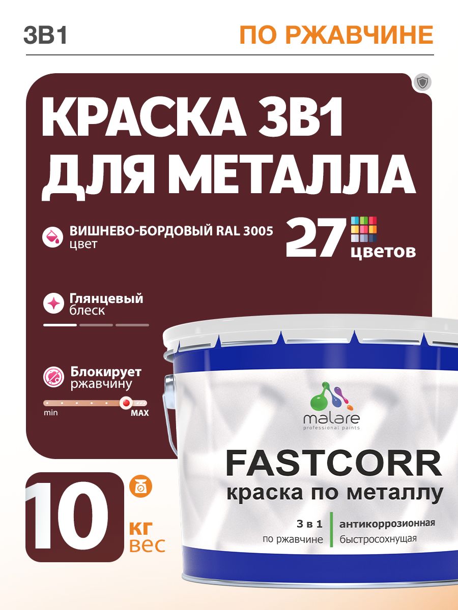 Краска для металла по ржавчине Malare FastCorr, для наружных работ износостойкая, быстросохнущая RAL 3005 вишнево-бордовый, глянцевая, 10 кг