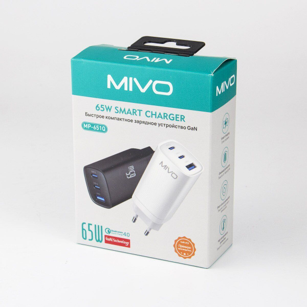 Сетевое зарядное устройство MIVO MP-651Q, 65 Вт, USB Type-C, USB 3.0 ...