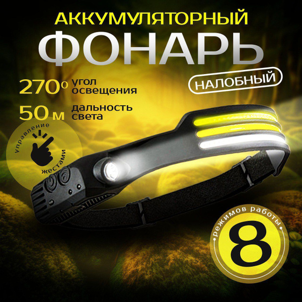 Фонарик налобный аккумуляторный светодиодный походный яркий мощный ...