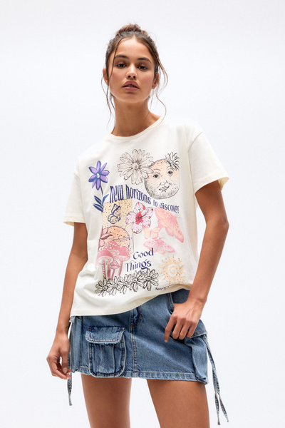 Футболка Pull&Bear, размер 44, цвет светло-бежевый, хлопок: 100 ...