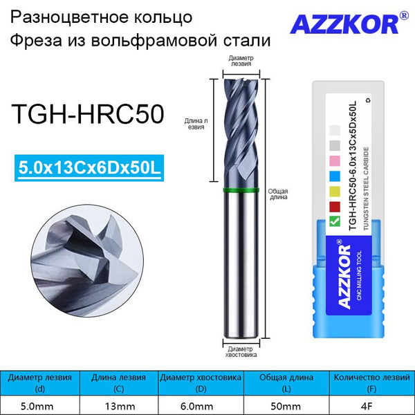 Прямоугольная Фреза AZZKOR TGH-HRC50-1.0x03Cx4Dx50L-4F-ST, 5х50 мм ...