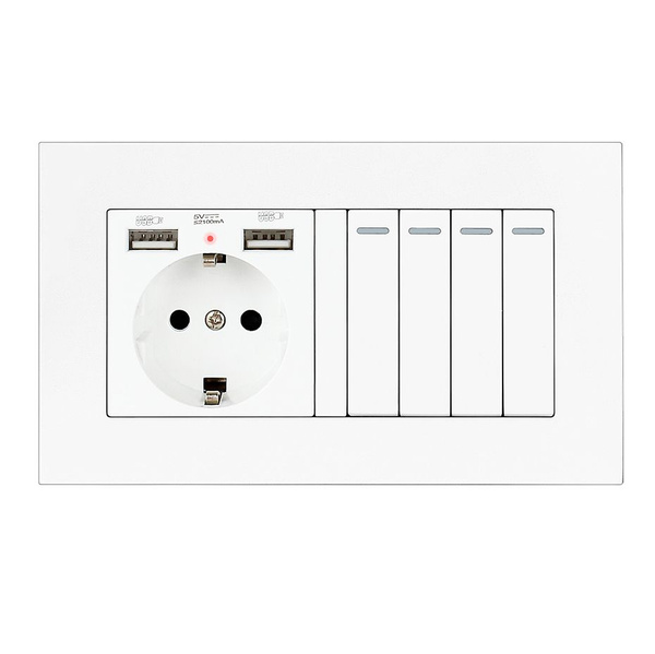 Выключатель механический с розеткой, 2 USB ,1 розетки 4 клавиша ,146mm ...