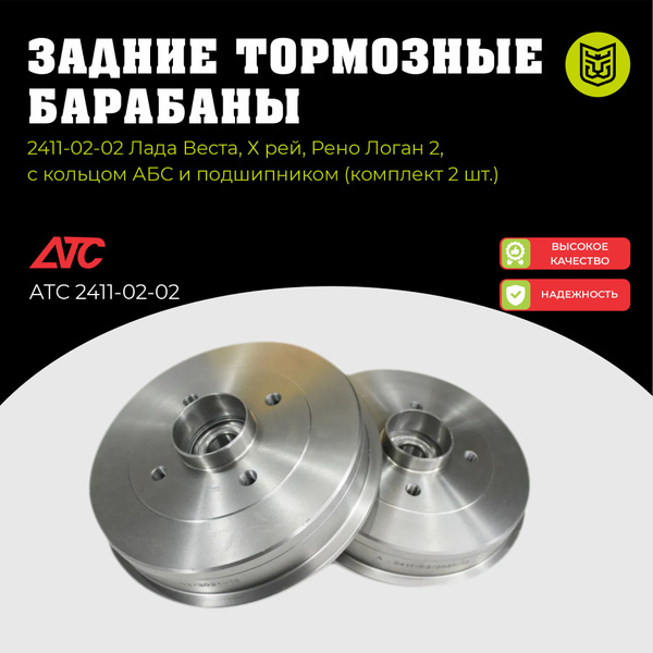 Задние тормозные барабаны АТС 2411-02-02 Лада Веста, Х рей, Рено Логан ...
