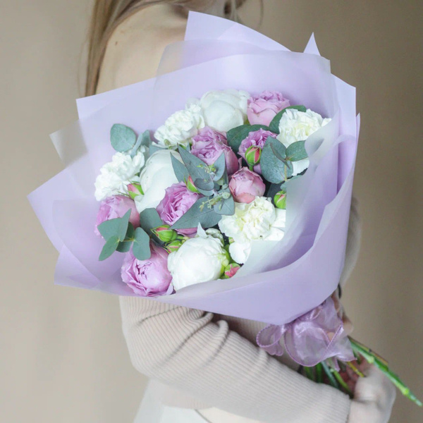 Эвкалипт, Пион, Кустовая роза, Гвоздика Flowering Palm, цвет Лиловый ...