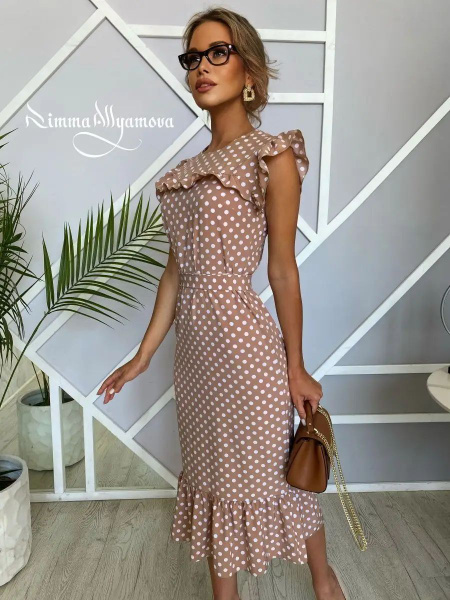 Платье длинное вечернее в горох большие размеры бежевое 56, Женский ...