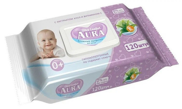 AURA, Салфетки влажные детские ULTRA COMFORT, (120 шт/уп) - купить с ...