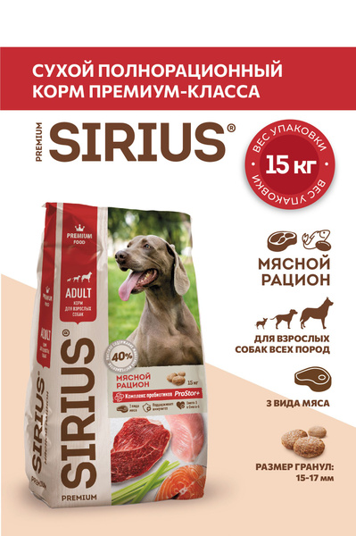 Сухой полнорационный корм для взрослых собак, Мясной рацион ТМ SIRIUS ...